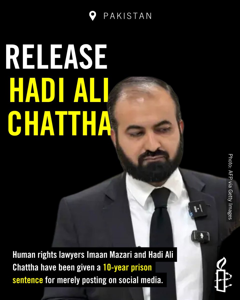 amnestysasia's tweet image. 🇵🇰 PAKISTAN: Amnesty International has issued an Urgent Action calling for the immediate and unconditional release of human rights lawyers Imaan Mazari and Hadi Ali Chattha, each sentenced to 10 years in prison over social media posts labelled “anti-state”. Since their arrest on…