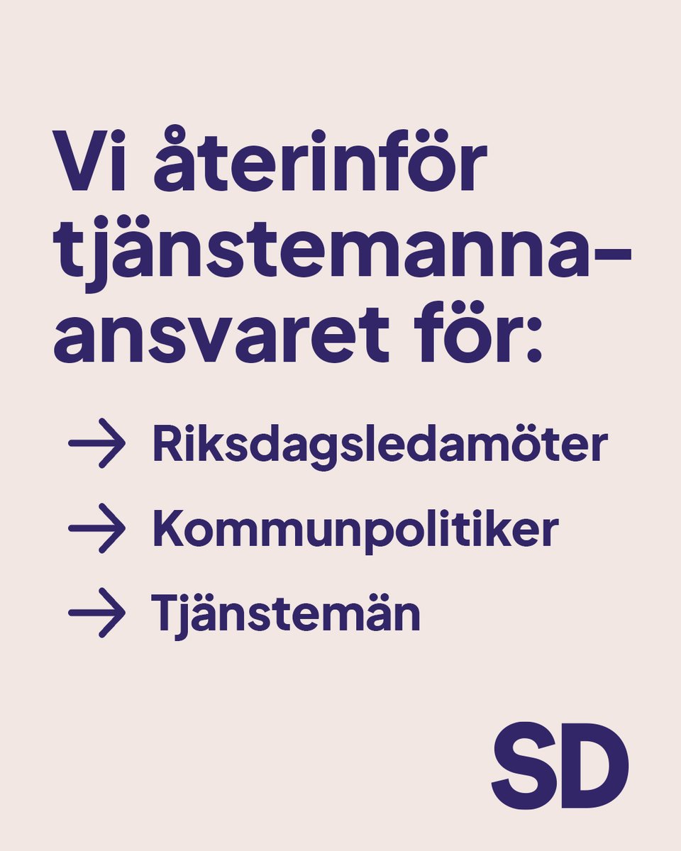 sdriks's tweet image. Sverigedemokraterna, tillsammans med regeringen, återinför nu tjänstemannaansvaret för bland annat riksdagsledamöter, kommunpolitiker och tjänstemän.

Alltför länge har personer i offentliga maktpositioner kunnat missbruka sin position utan att ställas till svars. Skattebetalare…