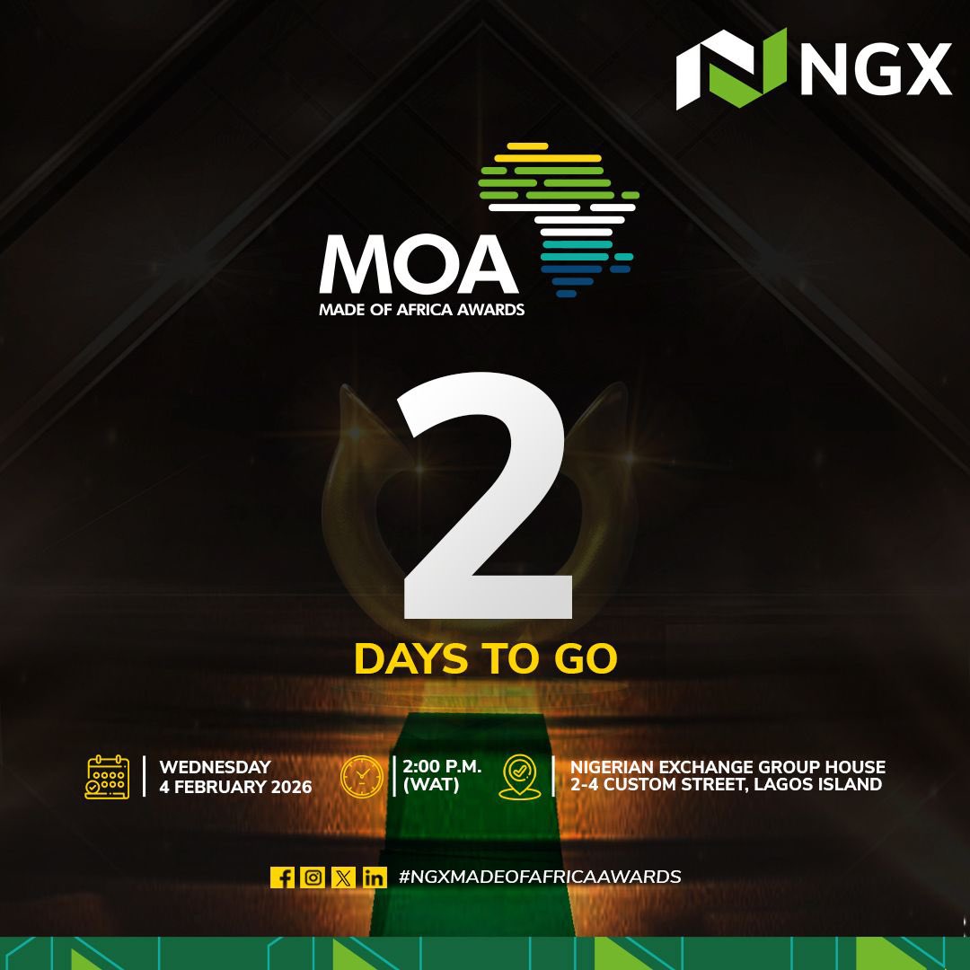 ngxgrp's tweet photo. 2 DAYS TO GO

The MOA Awards is almost here… Celebrating the companies and market leaders setting the gold standard in performance, governance, and compliance.

NGX Group House, Lagos
4 February 2026

#NGXMadeOfAfricaAwards #MOA2026 #MadeOfAfrica #CapitalMarketExcellence https://t.co/SXivZdCzOO