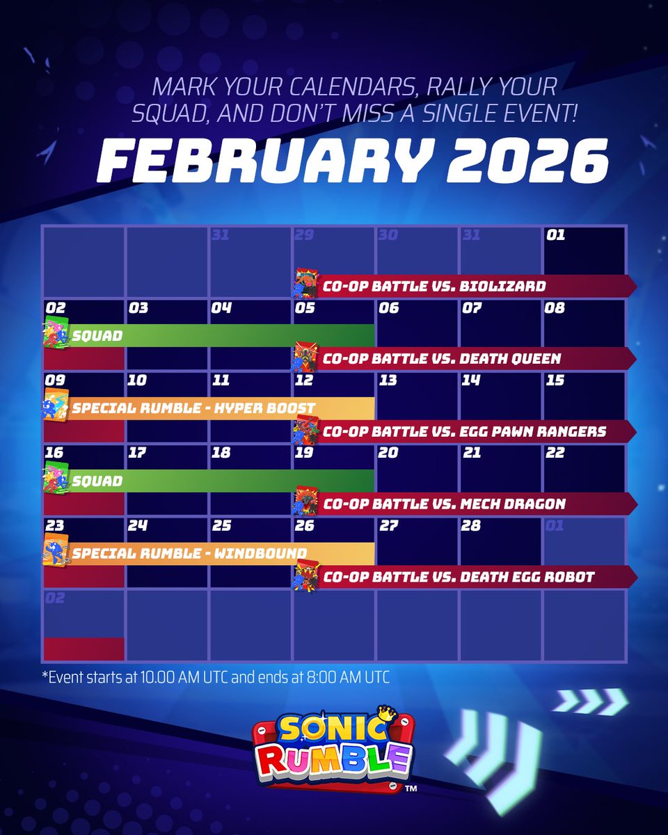 Sonic_Rumble's tweet image. We are already a month into 2026 - when did that happen?! Here is February’s #SonicRumble events schedule so you know what to be ready for!