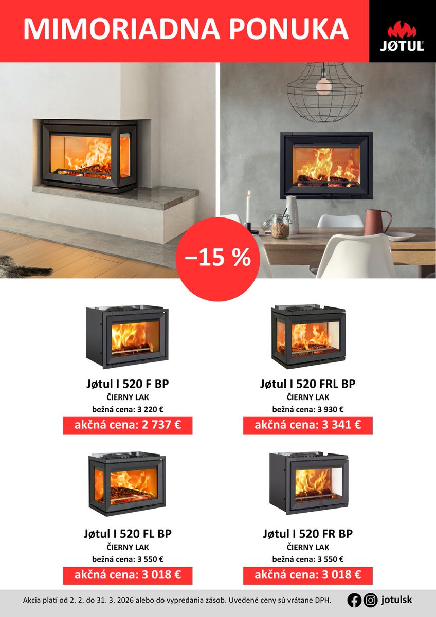 jotulsk's tweet photo. MIMORIADNA PONUKA #JOTUL: FEBRUÁR–MAREC 2026

ZĽAVA 15 % na krbové kachle:
🔥 Jøtul F 100 ECO.2 LL / SE
🔥 Jøtul F 400 ECO / SE
🔥 Jøtul F 105 R B / LL

ZĽAVA 15 % na krbové vložky:
🔥 Jøtul I 520

Akcia platí od 2. 2. do 31. 3. 2026 alebo do vypredania zásob. #jotulky https://t.co/J9mBsnQuSU