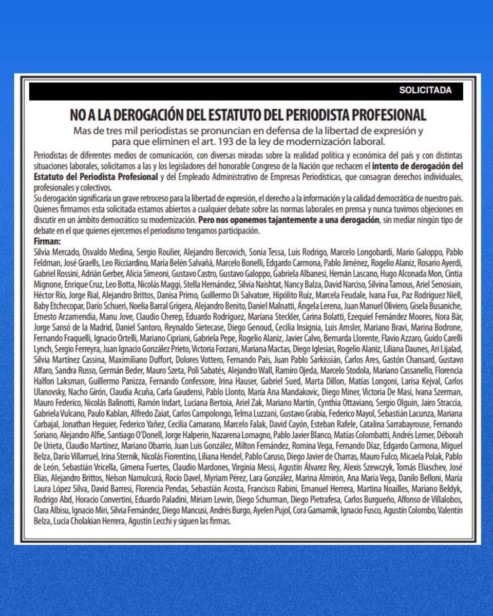 ✍🏽 ¡MAS DE 3.000 PERIODISTAS EN DEFENSA DEL ESTATUTO DEL PERIODISTA!

#NoALaReformaLaboral
🔗apsf.org.ar/no-a-la-deroga…