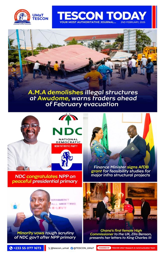 CA_Baidoo's tweet photo. TESCON TODAY Headlines:
📌AMA demolishes illegal structures.
📌NDC congratulates NPP on primary.
📌Finance Minister signs AfDB infra grant.
📌Ghana's first female UK High Commissioner meets King Charles.

All this and more in your most authoritative journal.
 #TESCON #UMaT https://t.co/SxnFzk14As