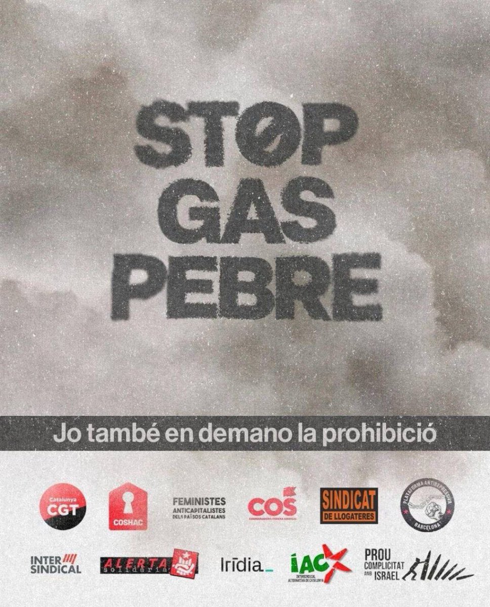 Endavant_OSAN's tweet photo. ❌ STOP GAS PEBRE ❌

Ens sumem a la demana de sindicats, organitzacions i col·lectius per exigir una moratòria immediata i posterior prohibició de l’ús del gas pebre 

Defensem el dret a manifestació. Cap impunitat davant la violència policial 

🔗 https://t.co/FZlG48Brxa https://t.co/UPAWZKuJLV