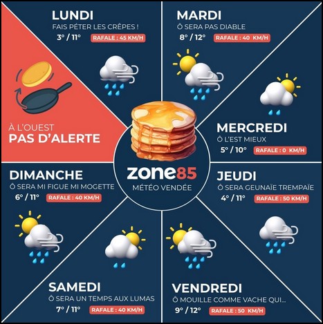 Europe2Vendee's tweet photo. "Cette semaine, on remet la pâte".
Voici la #météo, selon nos amis de #Zone85 en langage vendéen, bien sûr 😅 https://t.co/M4xGFw0b9n