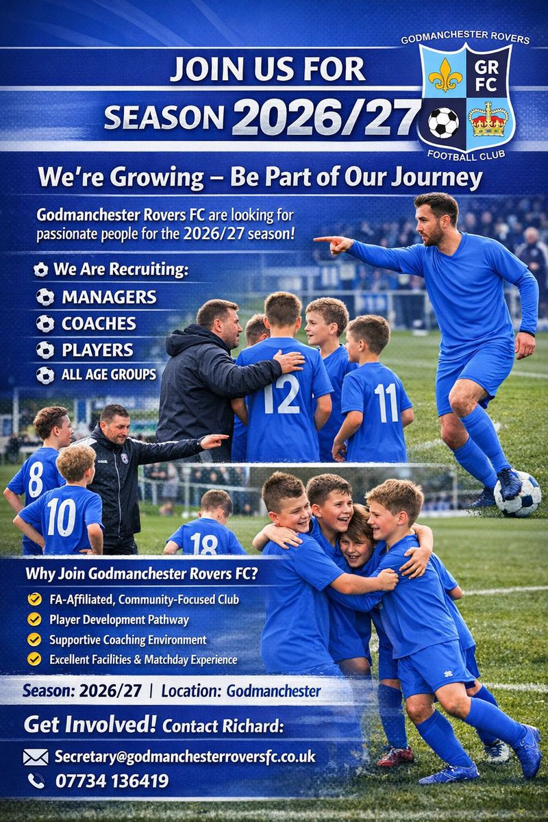 We’re Growing 💙⚽️💙

Be part of our journey for next season, get in contact as we look to push on in youth &amp; senior football, mixed &amp; female pathway, state of the art in house training facilities &amp; match day facilities 💙⚽️💙

<a href="/HuntsFA/">Huntingdonshire FA</a> <a href="/Hunts_YL/">Hunts Youth League</a> <a href="/CambsFA/">Cambridgeshire FA</a> <a href="/GoddyReservesFC/">Godmanchester Rovers Reserves FC</a>