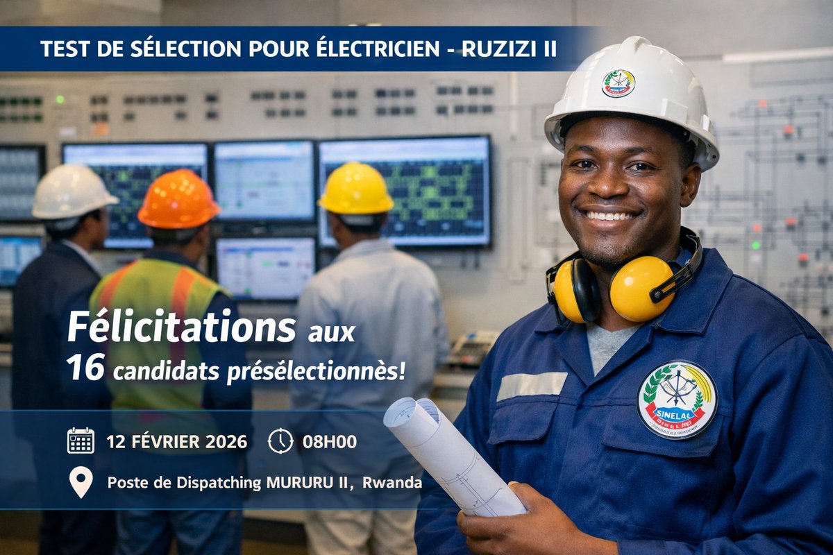 La SINELAC informe les candidats au poste d’Électricien à la Centrale hydroélectrique de RUZIZI II que la phase de présélection est achevée.

À cet effet, la SINELAC adresse ses félicitations aux 16 candidats retenus, invités à participer au test de sélection dont les modalités