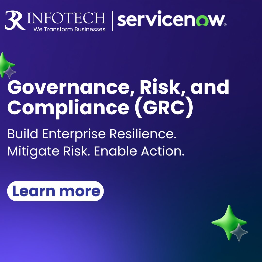 3RInfotech's tweet image. Strengthen Governance, Risk, and Compliance through @ServiceNow's unified business alignment and intelligent workflows.

#3RInfotech #Servicenow #GRC #RiskManagement #CyberSecurity