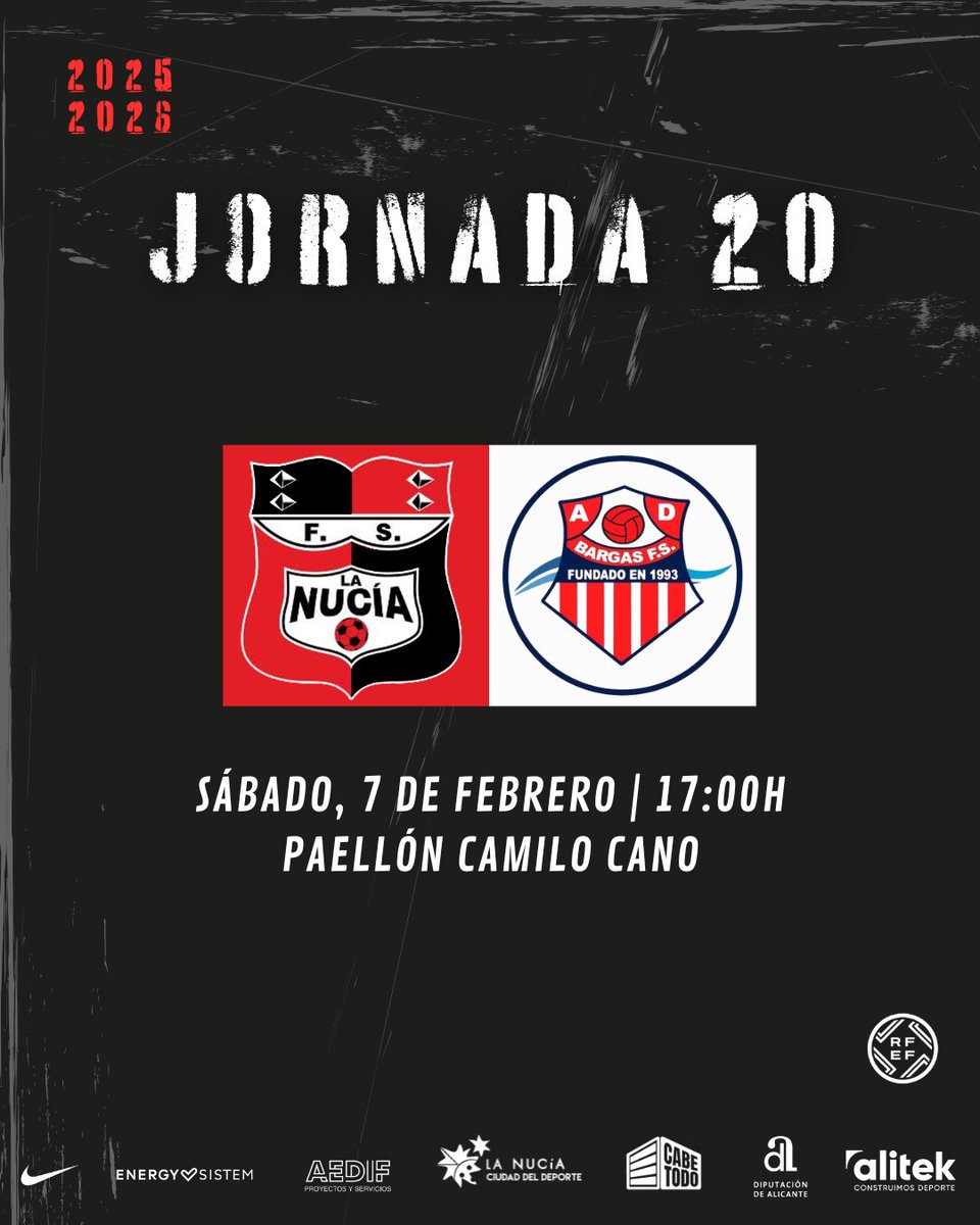 🔜𝐏𝐫𝐨́𝐱𝐢𝐦𝐨 𝐩𝐚𝐫𝐭𝐢𝐝𝐨 - 𝐉𝐨𝐫𝐧𝐚𝐝𝐚 𝟐𝟎

🆚 <a href="/AdbargasOficial/">AD Bargas FS</a> 

📆Sábado, 7 de febrero
⏰17:00H
📍Pabellón Camilo Cano

#VamosNucia❤️🖤