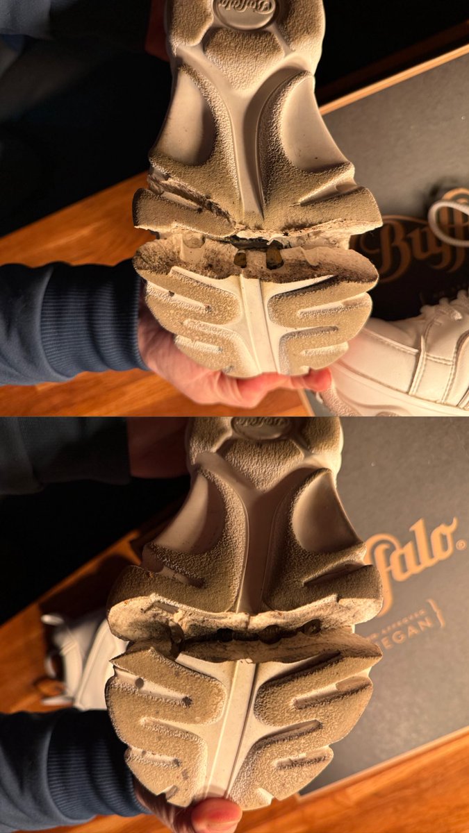 lunabats's tweet photo. What in the world has been up with Buffalo shoes lately? I bought a pair of Corin’s and the sole complete bursted open after 1 month wear. I got refunded and bought another pair, which nog broke down after 2 weeks?!?! 💀💀💀 https://t.co/AbLpHdtc7G