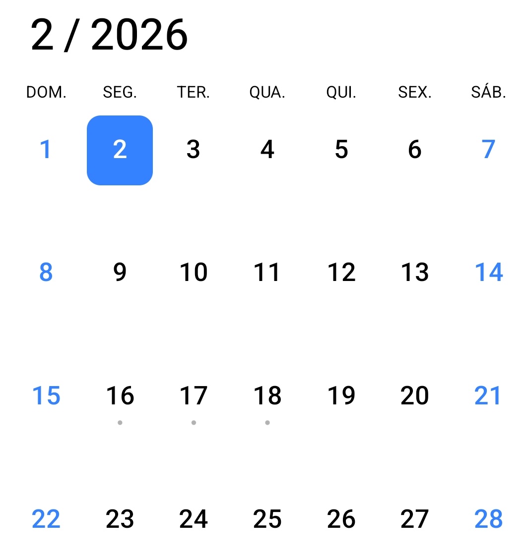 🚨 Curiosidade: Este mês de fevereiro é especial:

4 segundas-feiras.
4 terças-feiras.
4 quartas-feiras.
4 quintas-feiras.
4 sextas-feiras.
4 sábados.
4 domingos.

🗞️Isso só acontece uma vez a cada 823 anos!"