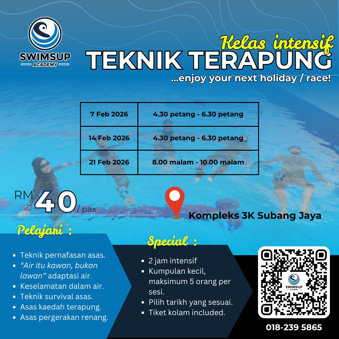 SwimsupAcademy's tweet photo. Ramai ingat terapung itu mudah.
Sebenarnya ramai juga yang panik bila kaki tak jejak dasar.
Jangan tunggu situasi cemas baru nak belajar.

Kelas Intensif Teknik Terapung
Swimsup Academy
Small group. Fokus. Praktikal.

https://t.co/kZadQmeDAx

0182395865 https://t.co/gSCUvE4ogU