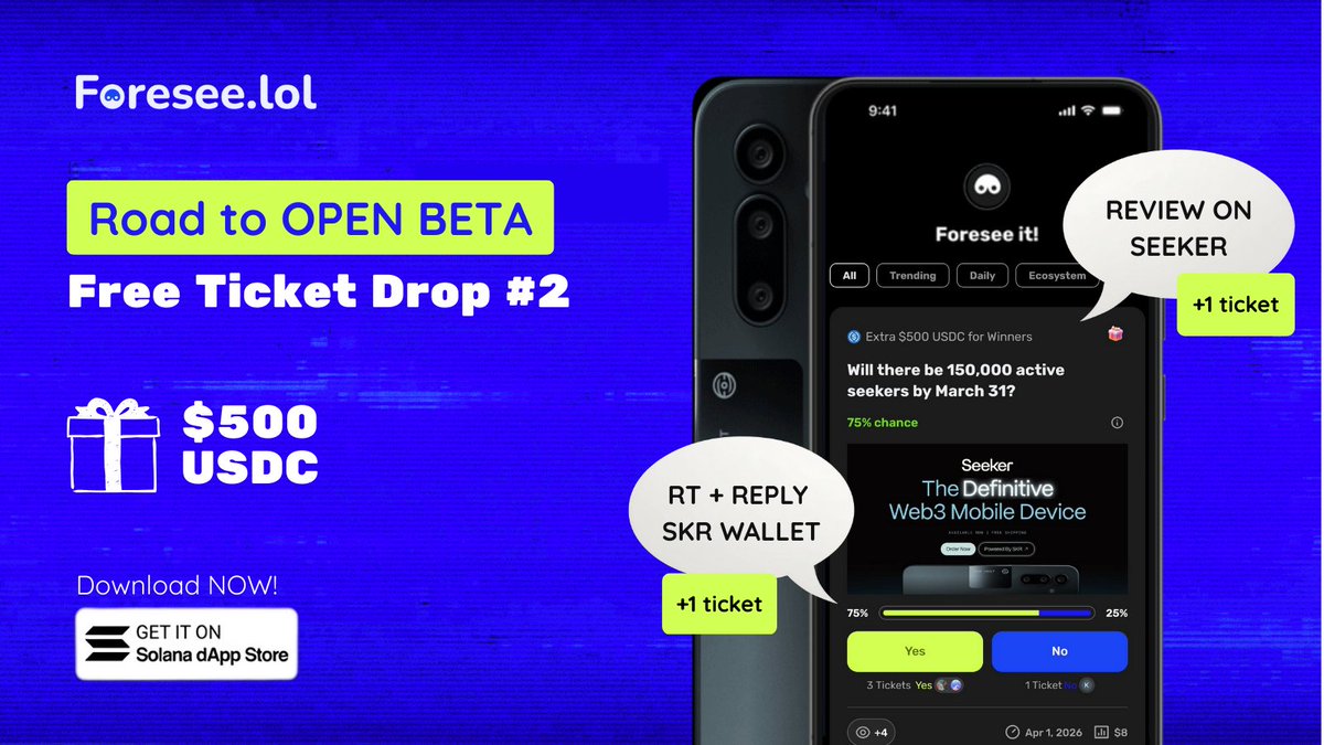 Road to Open Beta

Big thanks to the 1,850 predictors who’ve gone along with us during the beta on Seeker <a href="/solanamobile/">Seeker | Solana Mobile</a>. 
You tested early. You gave feedback. You helped shape Foresee.

Now we’re opening the next step 👇
🎟️ Free Ticket Drop #2 is now open for everyone.

Two ways