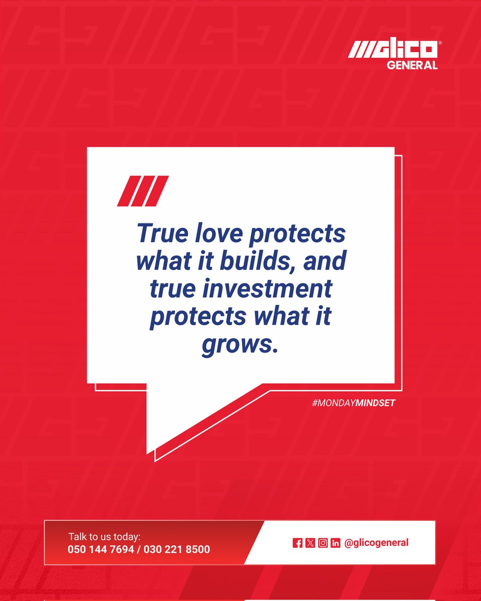 Glicogeneral's tweet image. New week. New focus. Build with purpose and grow with confidence. Protect what you’re working for, with GLICO General by your side.

Talk to us today.
📞 +233 50 144 7694 
📧 customerexperience@glicogeneral.com

#GLICOGeneral #PeaceOfMind #lovesecured