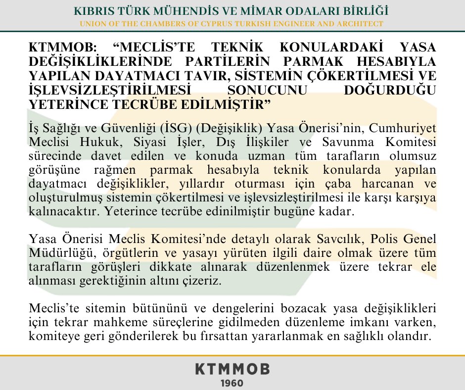 KTMMOB: “MECLİS’TE TEKNİK KONULARDAKİ YASA DEĞİŞİKLİKLERİNDE PARTİLERİN PARMAK HESABIYLA YAPILAN DAYATMACI TAVIR, SİSTEMİN ÇÖKERTİLMESİ VE İŞLEVSİZLEŞTİRİLMESİ SONUCUNU DOĞURDUĞU YETERİNCE TECRÜBE EDİLMİŞTİR” facebook.com/photo?fbid=141…