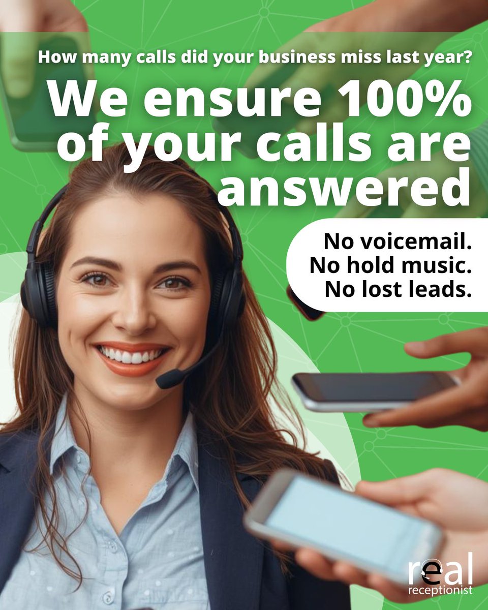 RealReception's tweet photo. In 2025, how many calls did your business miss? 📞
How many potential clients phoned once… and never again? ❌

In 2026, you can change that.

100% of your calls answered.
No voicemail. No hold music. No lost leads.

Book a free consultation >>> https://t.co/r9l3K325Is https://t.co/X9Dua8A7kr