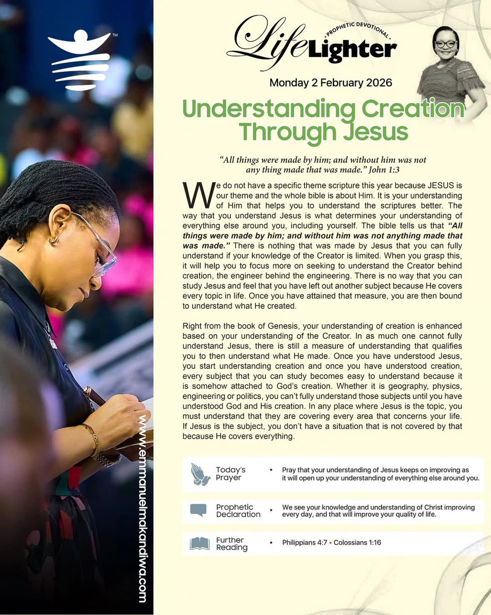 prmakandiwa's tweet photo. Monday 2 February 2026
Understanding Creation Through Jesus. 
#LifeLighter #DailyDevotional #EmmanuelMakandiwa #RuthEmmanuelMakandiwa https://t.co/OpTBxQsVQU