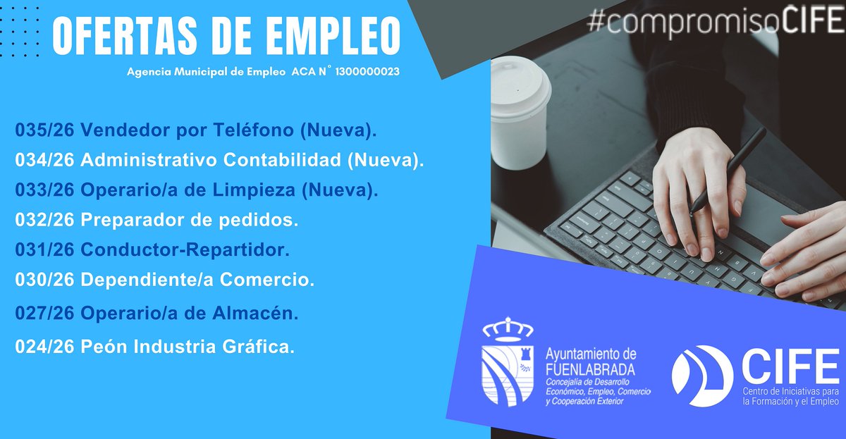 🎯 OFERTAS DE EMPLEO DESTACADAS – FUENLABRADA
📅 Actualizado: 02 febrero 2026
📢 compartimos las nuevas #OfertasEmpleo que tenemos en estos momentos en #CIFE del #AyuntamientoFuenlabrada.

🔗 Puedes acceder a la información de cada puesto aquí 👇
cife.ayto-fuenlabrada.es/OfertasListado/