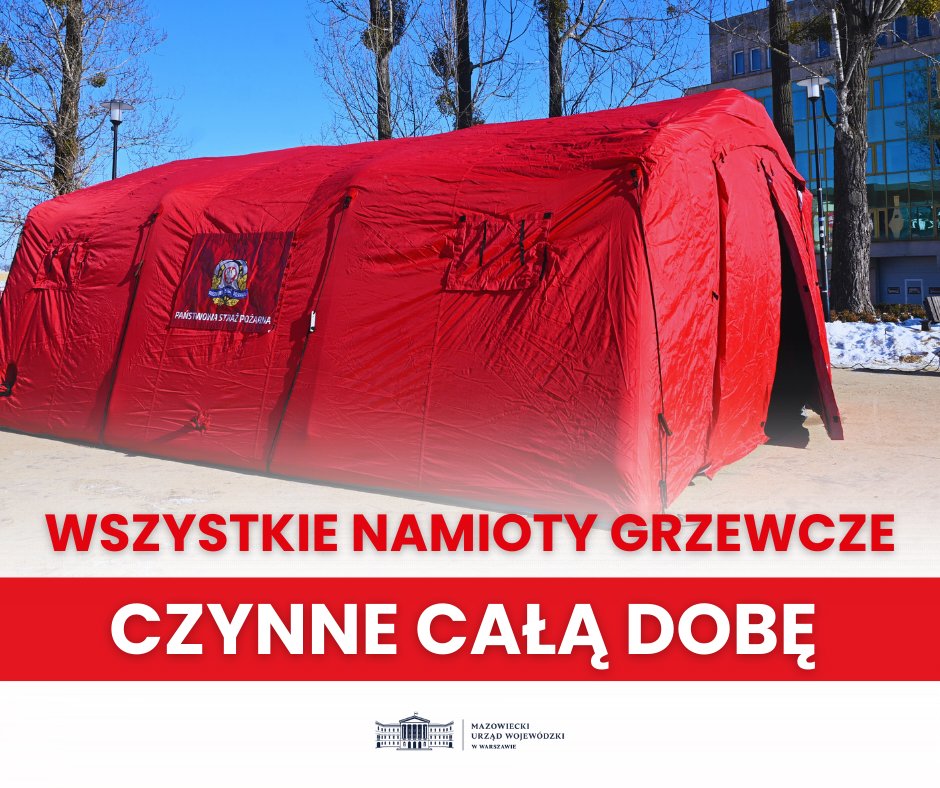 MUW_RP's tweet photo. ❗️ Z powodu silnych mrozów wszystkie namioty grzewcze uruchomione na polecenie wojewody mazowieckiego @M_Frankowski  są czynne całą dobę do odwołania. To bezpieczne miejsca, gdzie każdy może się ogrzać.  

Pełna lista na stronie ➡️ https://t.co/NeeOZgTJu5 https://t.co/LLo30TieRQ