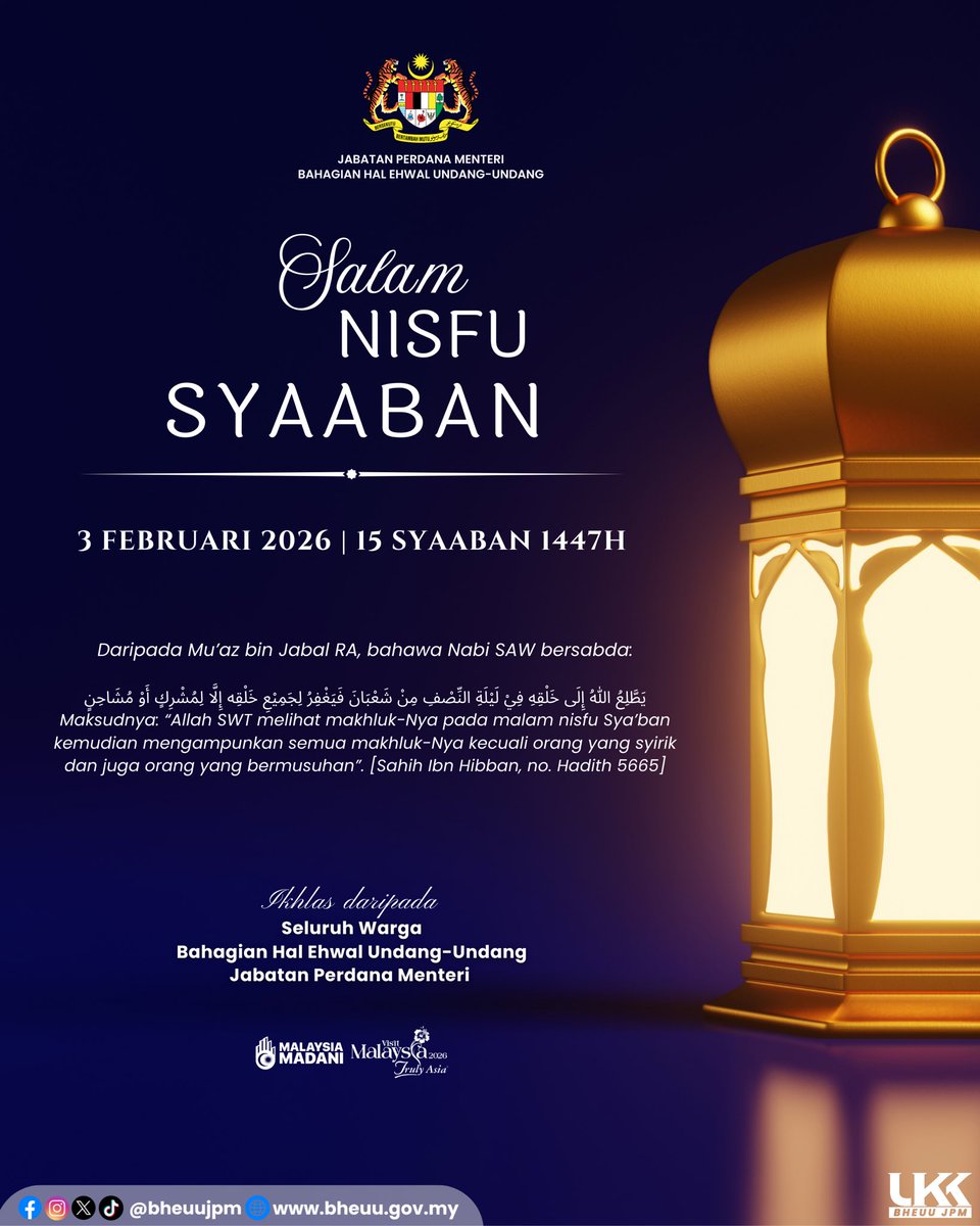 bheuu_jpm's tweet photo. 🌙 Salam Nisfu Syaaban 🌙
Moga malam penuh keberkatan ini menjadi titik muhasabah diri, pengampunan dosa dan penguat iman sebelum menyambut Ramadan.
Semoga Allah menerima setiap doa kita 🤲✨
#NisfuSyaaban #MalamKeberkatan #MuhasabahDiri #MenujuRamadan #BHEUUJPM https://t.co/BZtUy5FM0W
