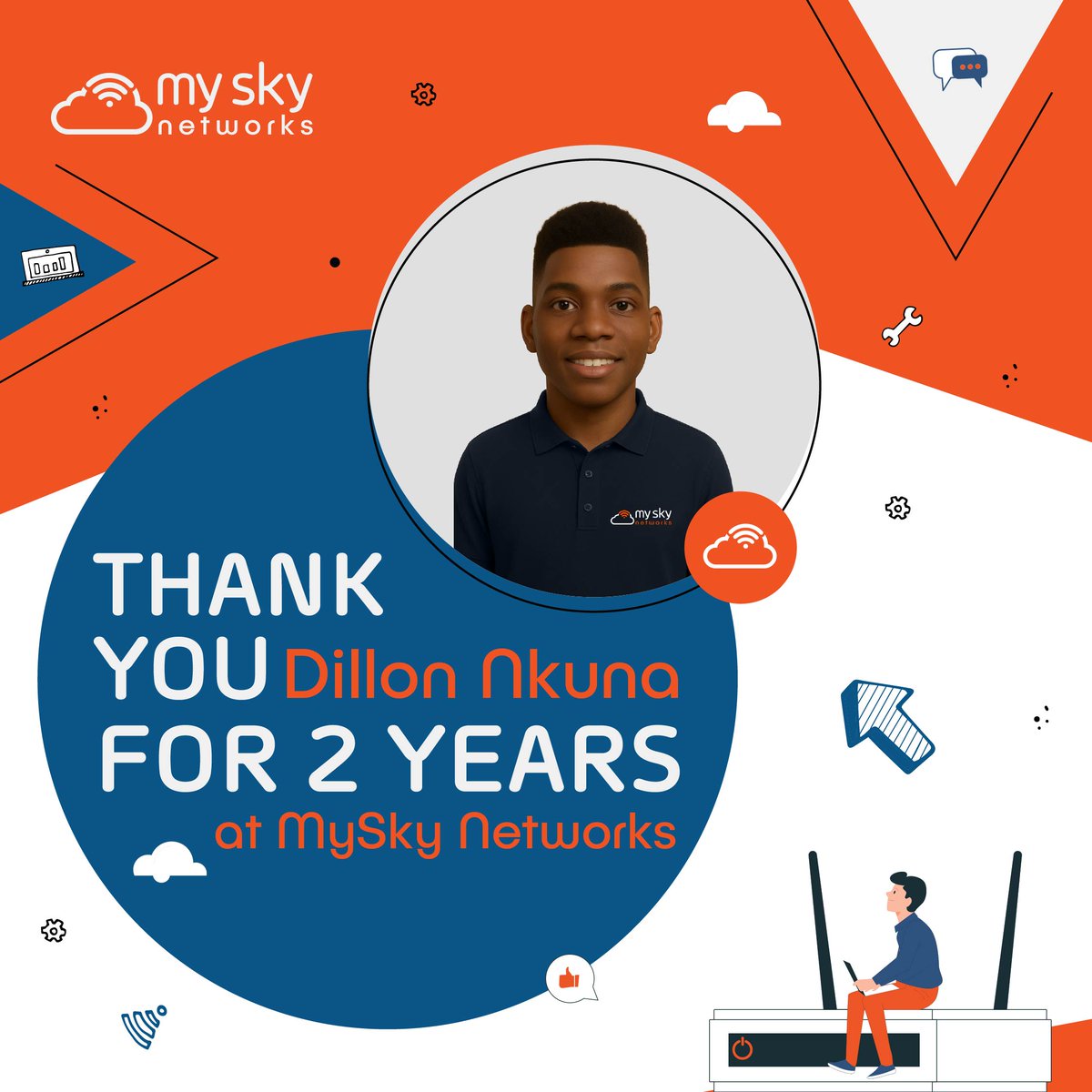 🚀 This month, we celebrate Dillon Nkuna’s 2 years of dedication, growth, and impact — thank you for being part of the MySky Networks journey! 👏✨
#MySkyNetworks #DreamTeam #WorkAnniversary #TechLife