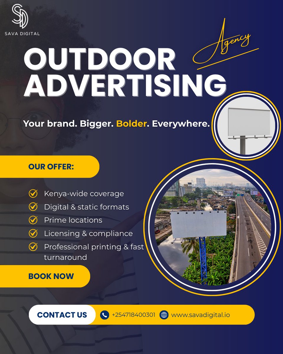 HelloSavaGroup's tweet photo. Your brand deserves real-world attention.
SAVA Digital delivers high-impact outdoor advertising across Kenya — billboards, digital LED screens &amp; transit ads.
Let’s make your brand impossible to miss.

#OutdoorAdvertising #OOHKenya #BrandVisibility #SAVADigital https://t.co/Kvf4HIuJNe