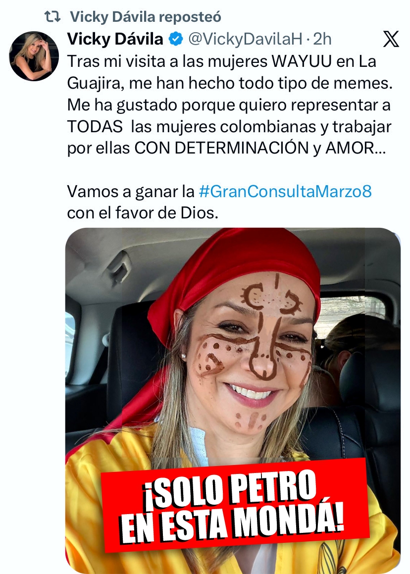 Vicky Dávila debería ganar la consulta de su partido y lo digo de corazón.

Puso a hablar y a reír a todo un país.

Les puedo asegurar que el disfraz de Vicky será el más popular en el carnaval de Barranquilla.