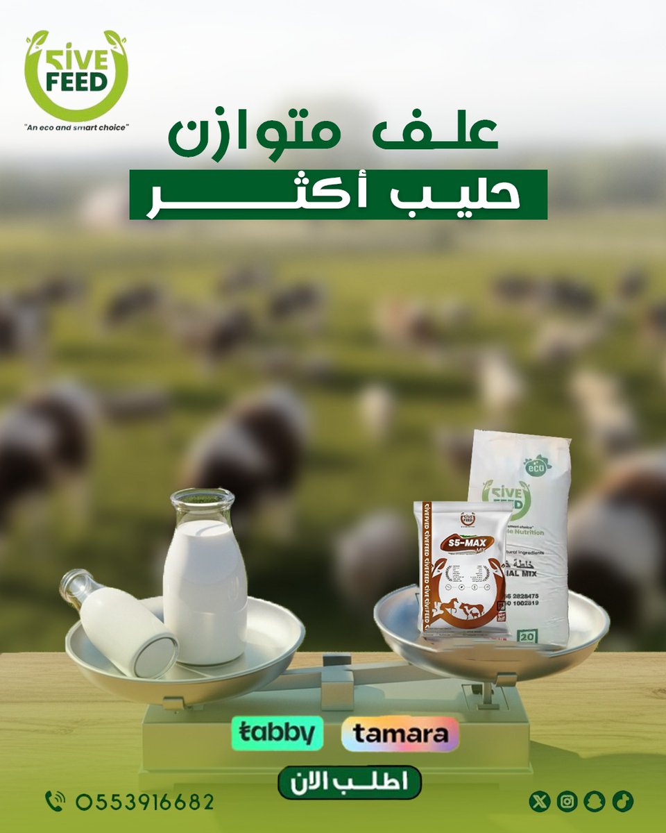 تحتاج الأبقار إلى علف غني بالطاقة والبروتين 
للحفاظ على صحتها وزيادة إنتاج الحليب.

اختيارك الصحيح يبدأ من العلف المناسب
----

شركه فايف فييد لتجاره الاعلاف بخدمتكم 
📲0553916682

#اعلاف_الامارات_فايف_فيد
#اعلاف #اعلاف_الامارات #أعلاف_الإمارات #اعلاف_الامارات_ابوظبي