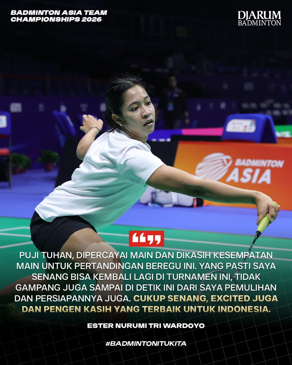 Menanti Kembalinya Ester 
Setelah hampir satu tahun menepi karena cedera, Ester Nurumi Tri Wardoyo akhirnya kembali ke lapangan. Comeback Ester di #BadmintonAsiaTeamChampionships2026 jadi salah satu momen paling dinanti di Qingdao.

Welcome back, Ester. Saatnya melangkah lagi!