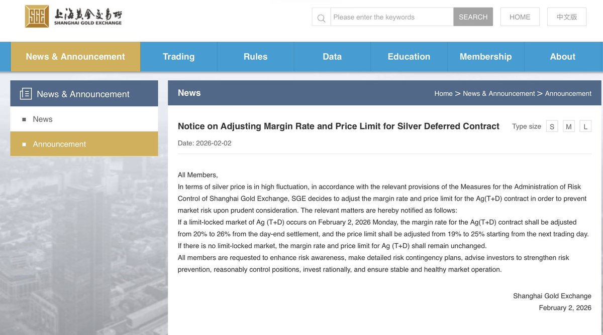 honzacern1's tweet photo. Shanghai Gold Exchange just fired a warning shot.

Today (Feb 2, 2026), SGE announced:

If silver hits a limit-locked market, they will immediately:
• raise margin requirements from 20% to 26%
• expand daily price limits from 19% to 25%

This is not routine.
This is risk control ahead of expected stress.
When an exchange hikes margins before chaos,
it’s not calming the market —it’s bracing for impact.

Paper traders get squeezed.
Leverage gets punished.
Volatility is acknowledged — not denied.

And notice:
👉 this is physical-centric Asia, not Western paper optics.

When SGE prepares for violent moves,
you should ask yourself:

Why now?
Because price is under pressure.
Because inventory matters.
Because someone doesn’t want to be caught naked.

Paper can be repriced.
Physical cannot.

Stay awake.
Stay in physical.
#Silver #PhysicalSilver #SGE #Metals #RiskControl #StayInPhysical
