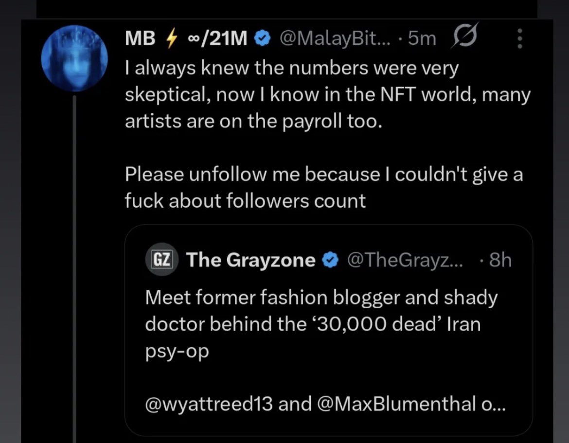 اگه ایرانی هستی و هنرمند nft هستی و این آشغال حرومزاده رو فالو داری لطفا از پیج من برو بیرون من دوستی تورو نمی خوام 
کسی که به هم وطن هاش بگن پول گرفتن تا آمار دروغ پخش کنن در مورد کشتار ایران و نخواد اهمیت بده و این حرومزاده رو فالو کنه برای چند تزوس دوست من نیست !
🤬🤬🤬🤬🤬