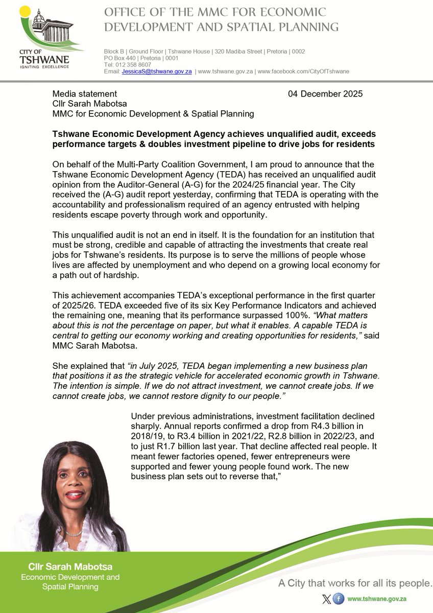 Sarah_Mabotsa's tweet photo. Did you know: the @TshwaneEconDev has confirmed that economic investment into @CityTshwane is rising fast. 

The value of their investment pipeline has more than doubled, from R1,7billion a year ago to more than R3,8billion now.  More investment = more jobs!!!

#TshwaneRising https://t.co/qt5F4L1Jch