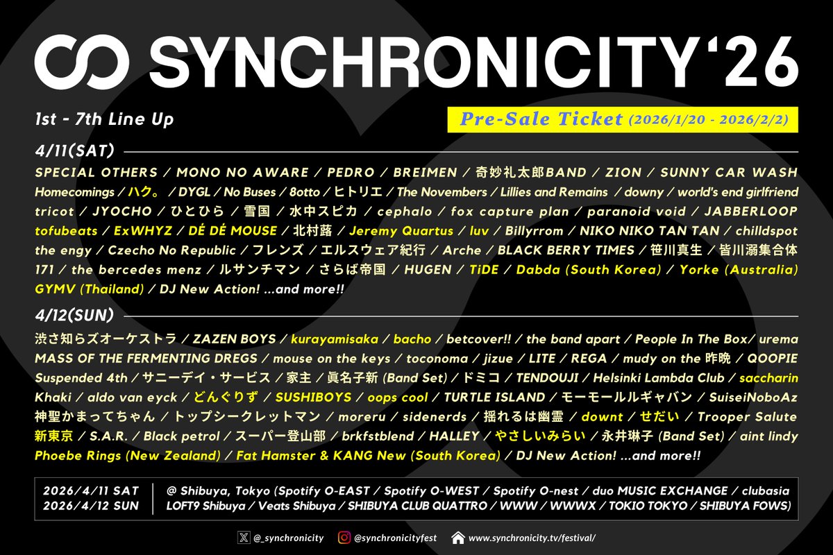 SYNCHRONICITY'25』第7弾ラインナップ発表の先行チケットは本日【 2/2