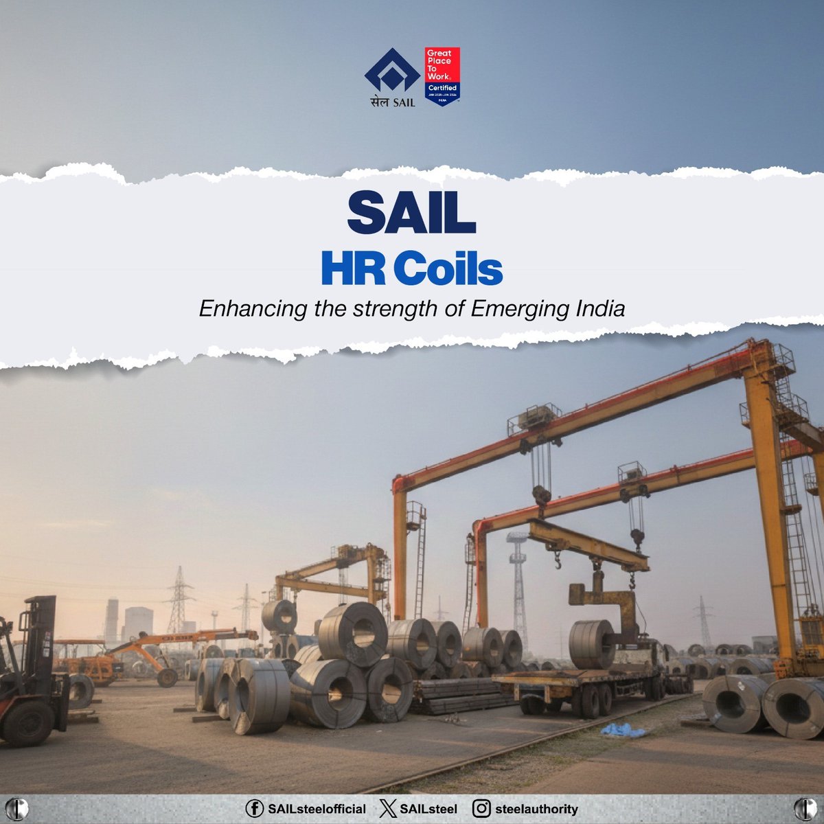 SAILsteel's tweet photo. SAIL HR Coils are built for tough applications, delivering high strength, durability and consistent performance across demanding industrial and infrastructure needs.
#SteelAuthority #SAIL
#HRCoils #BuiltForToughApplications #QualitySteel #MakeInIndia https://t.co/iEPCWs8AsP