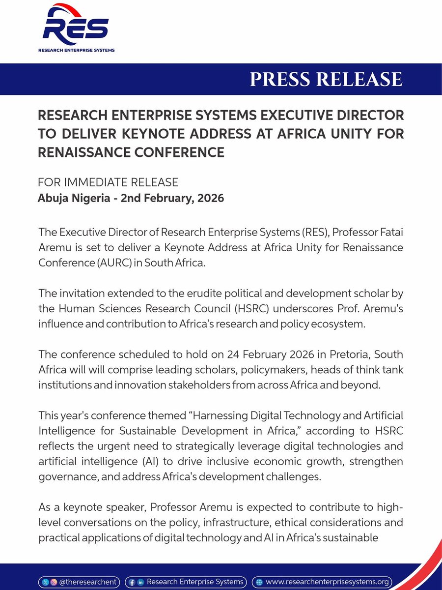 theresearchent's tweet photo. #pressrelease
Our Executive Director, Professor Fatai Aremu to deliver keynote address at Africa Unity For Renaissance Conference (AURC) in South Africa.
#researchenterprisesystems #makingimpact #aurc2026 https://t.co/9mTKawliN3