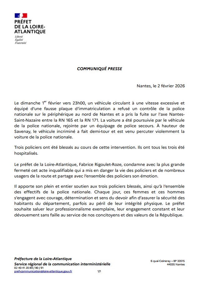 Image de Préfet des Pays de la Loire et de Loire-Atlantique - Le préfet de la Loire-Atlantique condamne avec la plus grande fermeté le refus d'obtempérer commis c