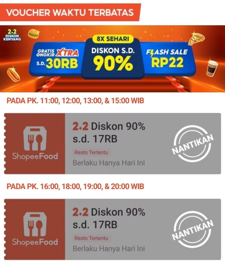 📣 Jangan beli makan dulu!
Promo Shopeefood buanyak banget!

✔️ Shopeefood 2.2 disc 90% 8x sehari
⏰11/12/13/15 &amp; 16/18/19/20

✔️ Disc 90% max 17rb
List resto
spf.shopee.co.id/gKIV6aMv9

✔️ FS Shopeefood Rp22
⏰11/18/21:00
Cek menunya di sini
spf.shopee.co.id/8KjjdREb5N

✔️ Shopeefood