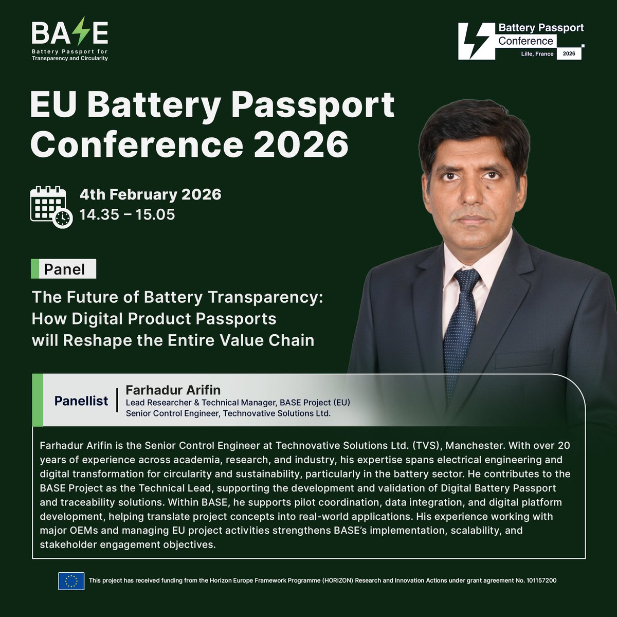 BASE_EU2024's tweet image. Get insights from Farhadur Arifin, Technical Lead in the @BASE_EU2024 Project at the EU Battery Passport Conference 2026.

He works on data integration, interoperability, and turning Digital Battery Passport requirements into scalable, real-world solutions.

#BASEProject #EU_DBP