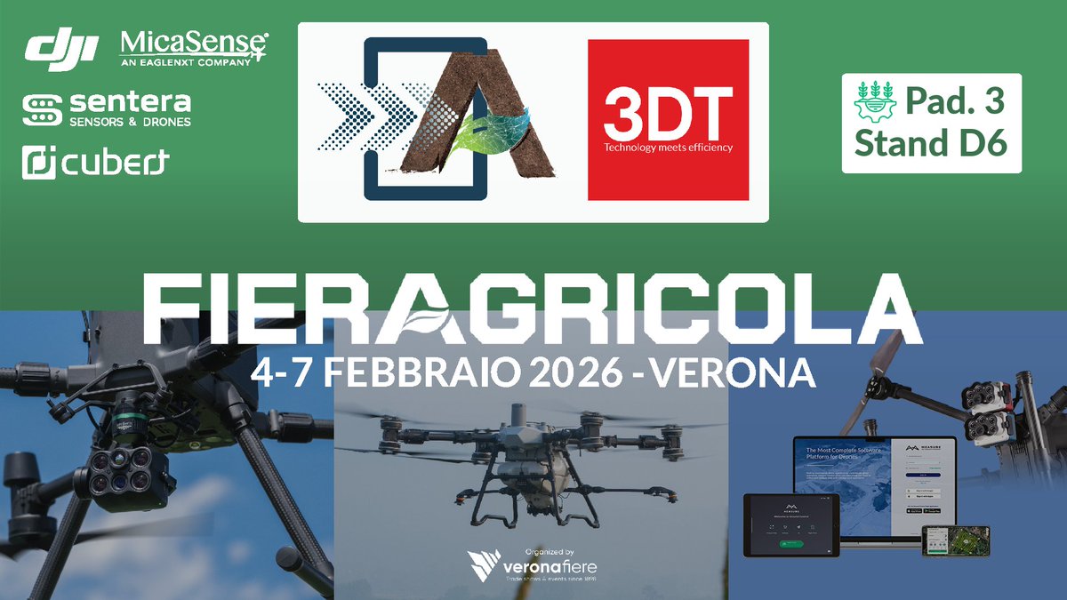 L'#Agricoltura40 protagonista a <a href="/fieragricola/">Fieragricola Verona</a> Verona 2026! 🚜

Vieni a scoprire i droni #DJIAGRAS e la precisione dei sensori <a href="/MicaSense/">MicaSense, now AgEagle</a>, <a href="/senterasensors/">Sentera Sensors & Drones</a>  e Cubert.

📅 4-7 Feb📍Pad. 3 - Stand D6

Info: 3dtarget.it/eu/it/eventi/e…

#Fieragricola #SmartFarming #Droni