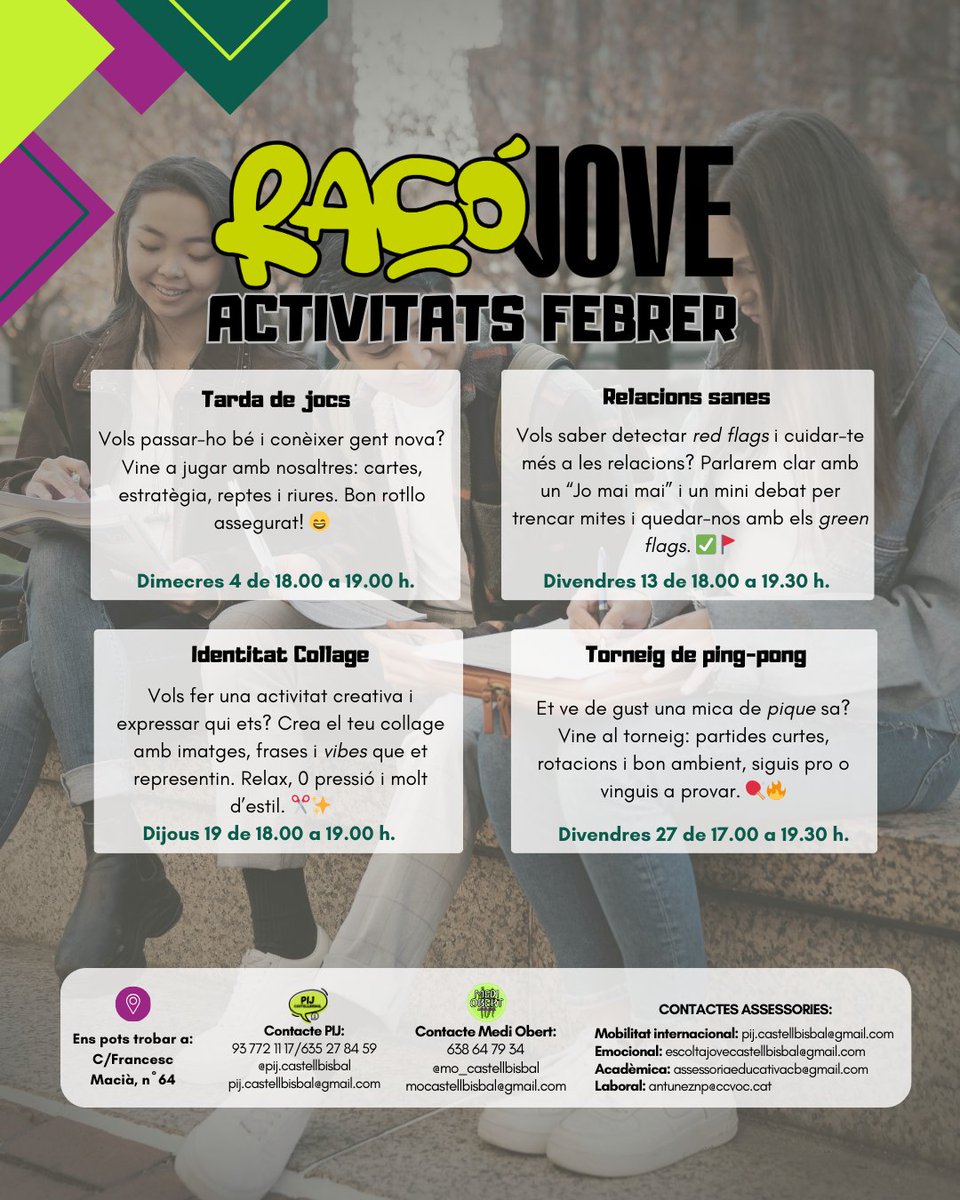 ✨ Nova agenda de FEBRER al Racó Jove!

Jocs 🎲, creativitat 🎨, relacions sanes 💬 i torneig de ping-pong 🏓

Activitats gratuïtes, sense inscripció i amb bon rotllo 😎
📍 Castellbisbal
👉 Consulta l’agenda i vine!

#racojove #cbagenda #castellbisbal #cbjoventut