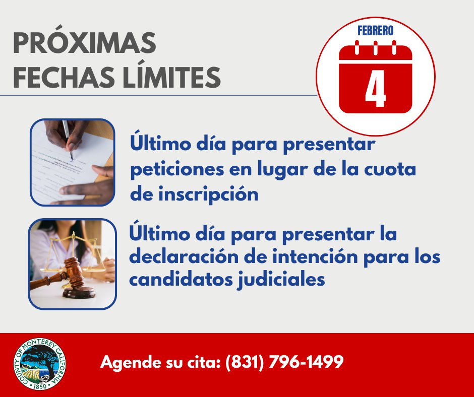 Atención   Candidatos: Se acercan las fechas límite para la presentación de peticiones   con firmas en lugar del pago de cuota de inscripción y para la Declaración de   Intención. Más información:
tinyurl.com/2f56v7z6