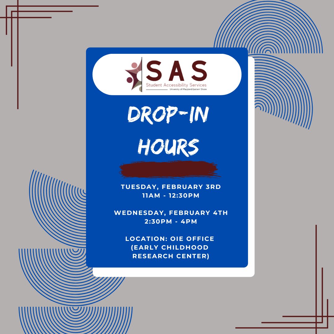 UMESequity's tweet photo. On behalf of our Student Accessibility Services department drop-in hours are this week. Please call the office with any questions. 410-651-6135 https://t.co/W5Du1B8utB