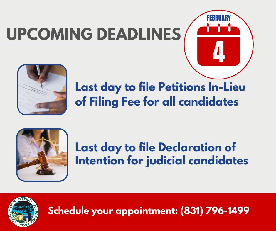 Attention Candidates: Deadlines are approaching for   petitions with signatures in lieu of filing fees and the Declaration of   Intention. More info: tinyurl.com/nhdb6y9d