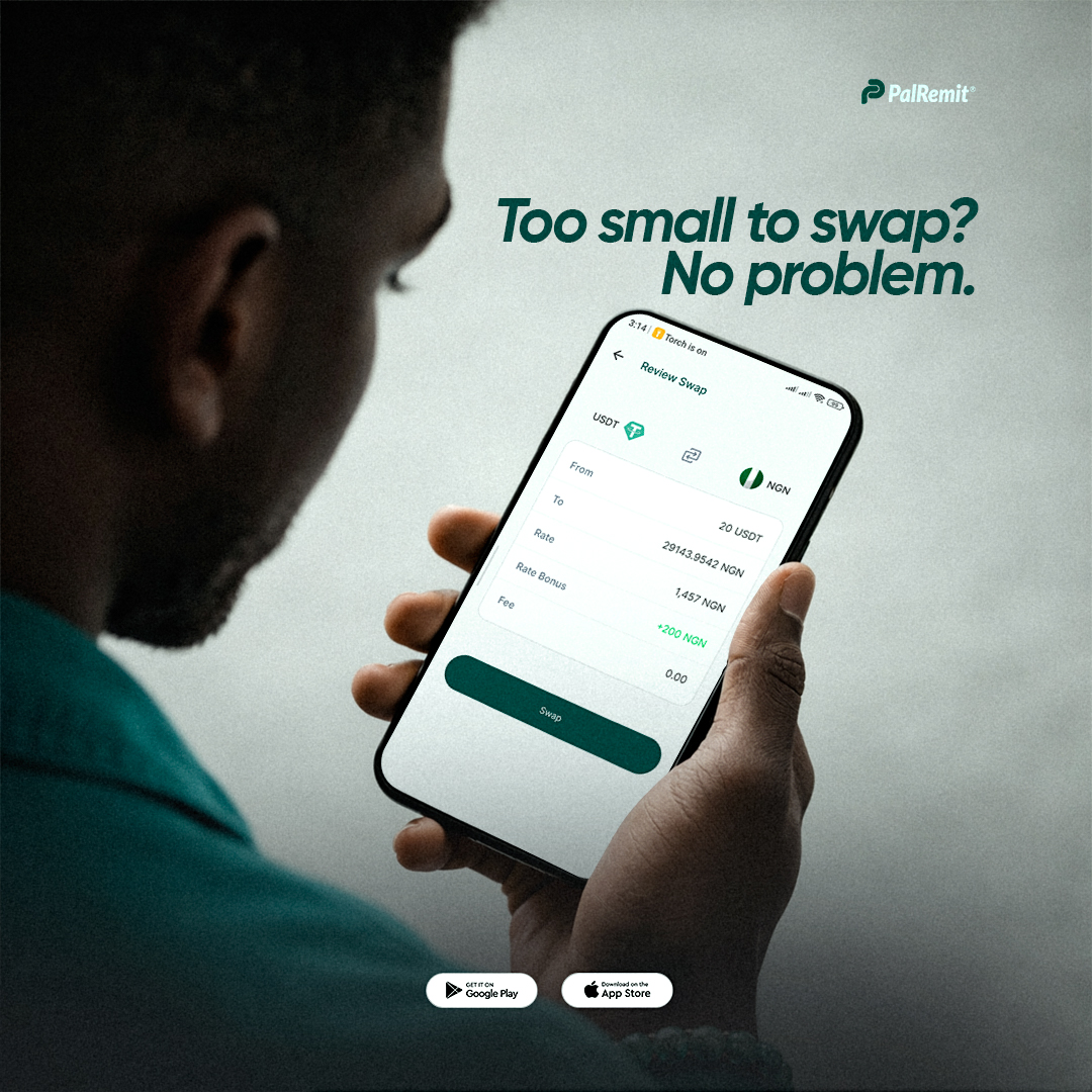 palremit's tweet photo. Too small to swap?

No problem. With @palremit, you can swap as low as 5 USDT to NGN.

Happy swapping. 💚 https://t.co/jxrFxrY6HL