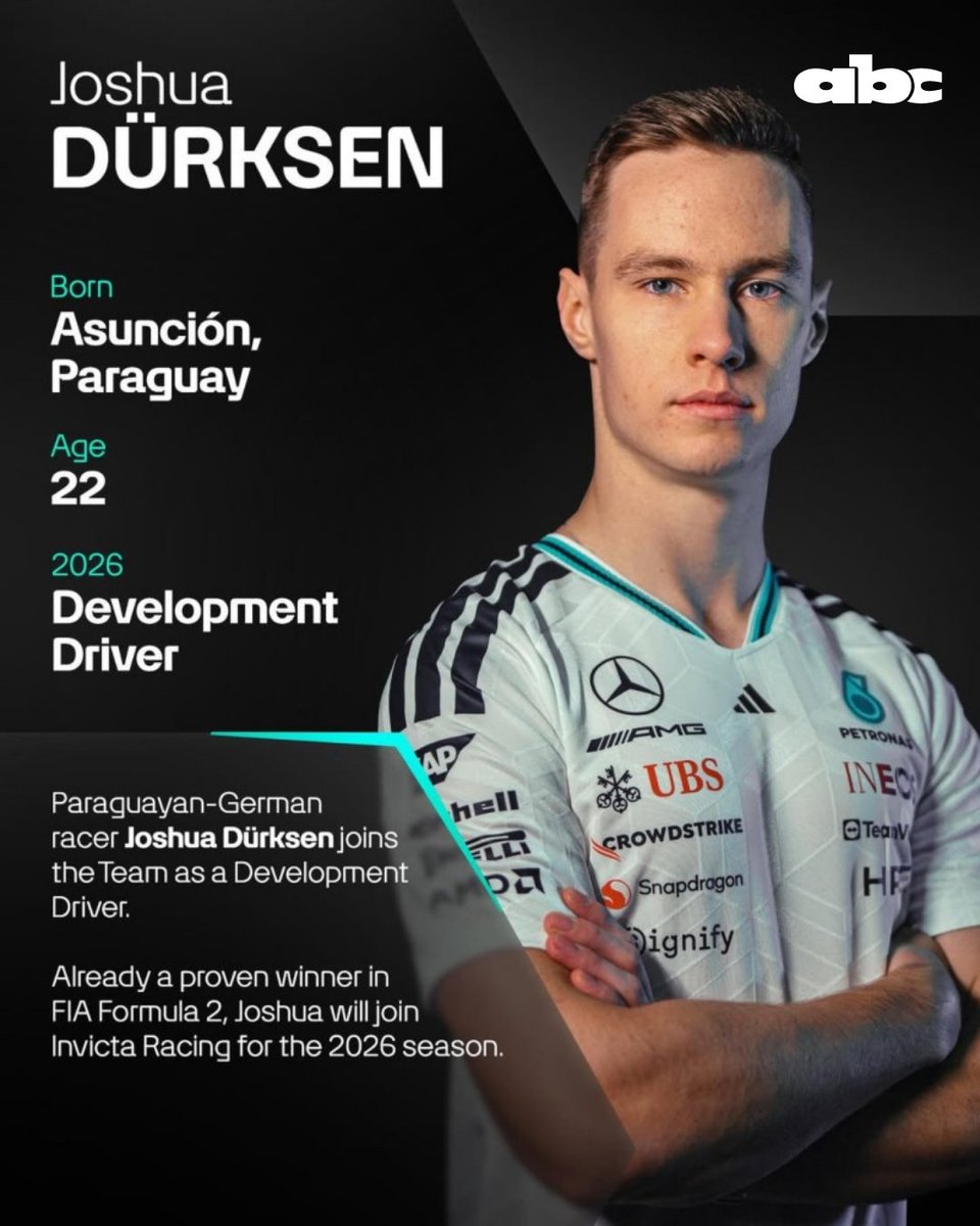💣JOSHUA SE SUMA A MERCEDES 🇵🇾

🔶A través de sus redes sociales, la escudería Mercedes anunció a Joshua Duerksen cómo piloto de desarrollo a partir de la temporada 2026.

🔶Es oficialmente el primer paraguayo en formar parte de un equipo de Fórmula 1.

📲abc.com.py/deportes