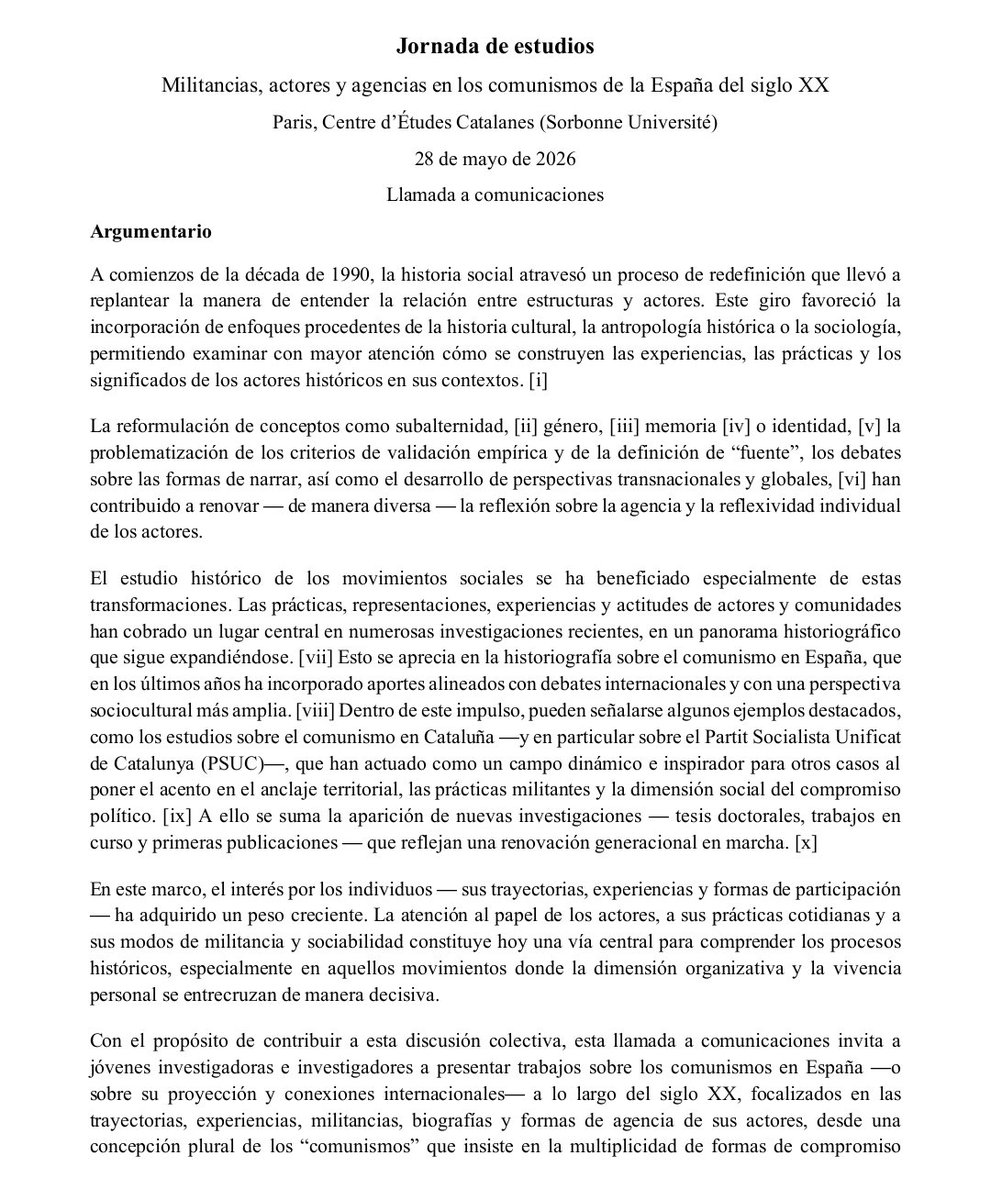 Garine_P's tweet photo. 📝Call for Papers

El próximo mes de mayo organizamos una jornada en Paris entorno a nuevas historiografías de los comunismos en España. Esta jornada estará centrada en los actores y en sus militancias a lo largo de todo el siglo XX.

¡No dudéis en enviar vuestras propuestas! https://t.co/RqlnYmmCLD