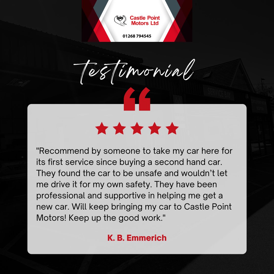 CastlePMotors's tweet image. Nothing makes us happier than hearing from satisfied customers! 😊

If your car’s due some attention, book a service with us and enjoy a FREE MOT! Don’t wait – call 01268 794545 today!

#CastlepointMotors #CarService #FreeMOT