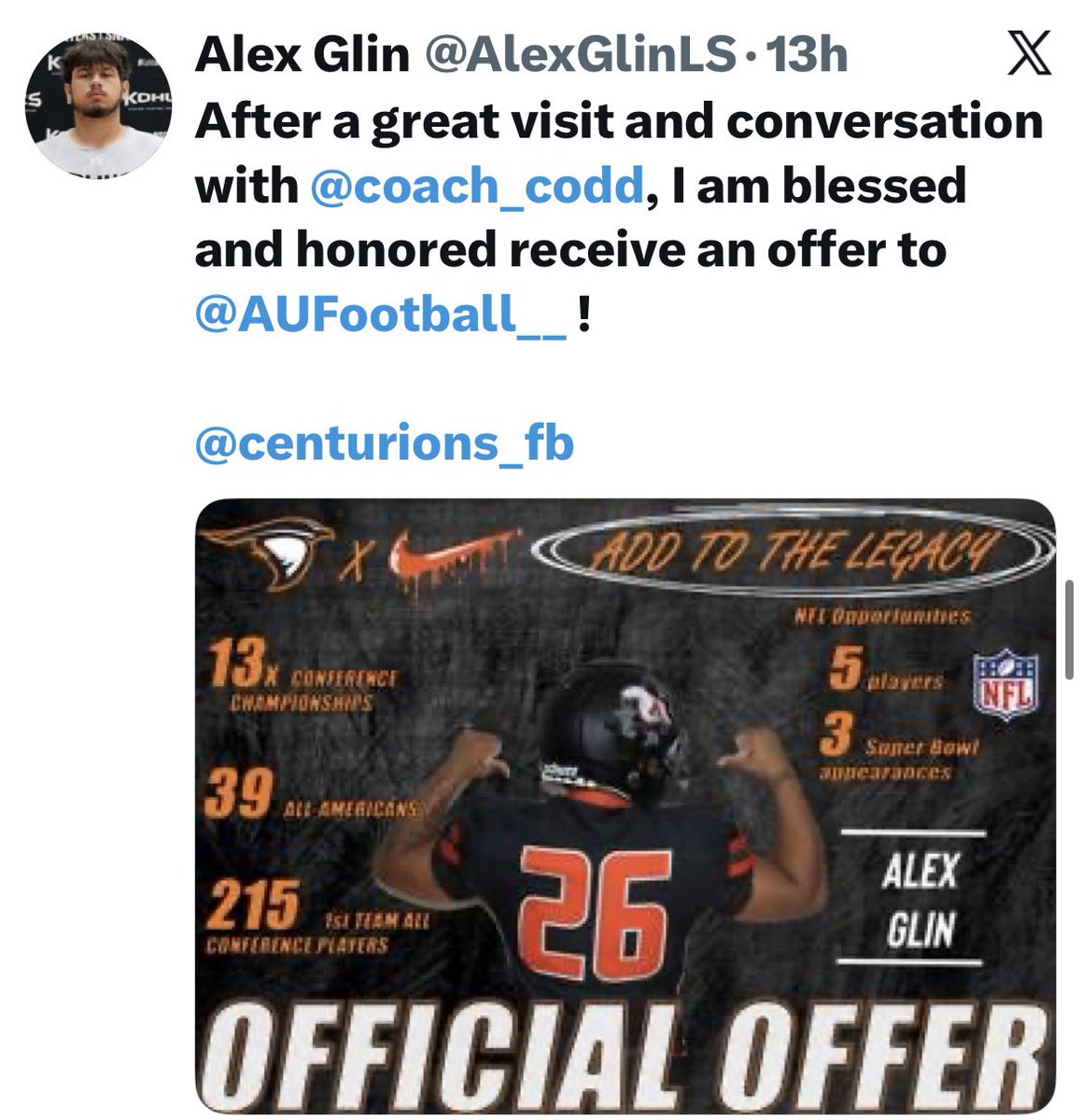KYFUTURESTARS's tweet photo. Huge congratulations to Kentucky Future Stars Alum Alex Glin on receiving an offer from Anderson University! The top Long Snapper in the State has in excess of 7 offers for his elite Specialist talents!! #Brotherhood 🏈🏈 @AlexGlinLS @centurions_fb @AndersonU https://t.co/JSf26XGrR5