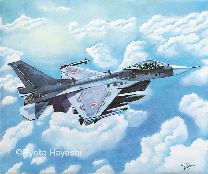 メカアートの世界 第4回 Deep Blue F-2A/色鉛筆(Karisma Color)/2018年11月/F8(muse TMKポスター) 航空自衛隊・連合幹部会内で配布されるカレンダー用として描いたものです。 #色鉛筆画 #林亮太 #飛行機画 #メカアート #5色描画