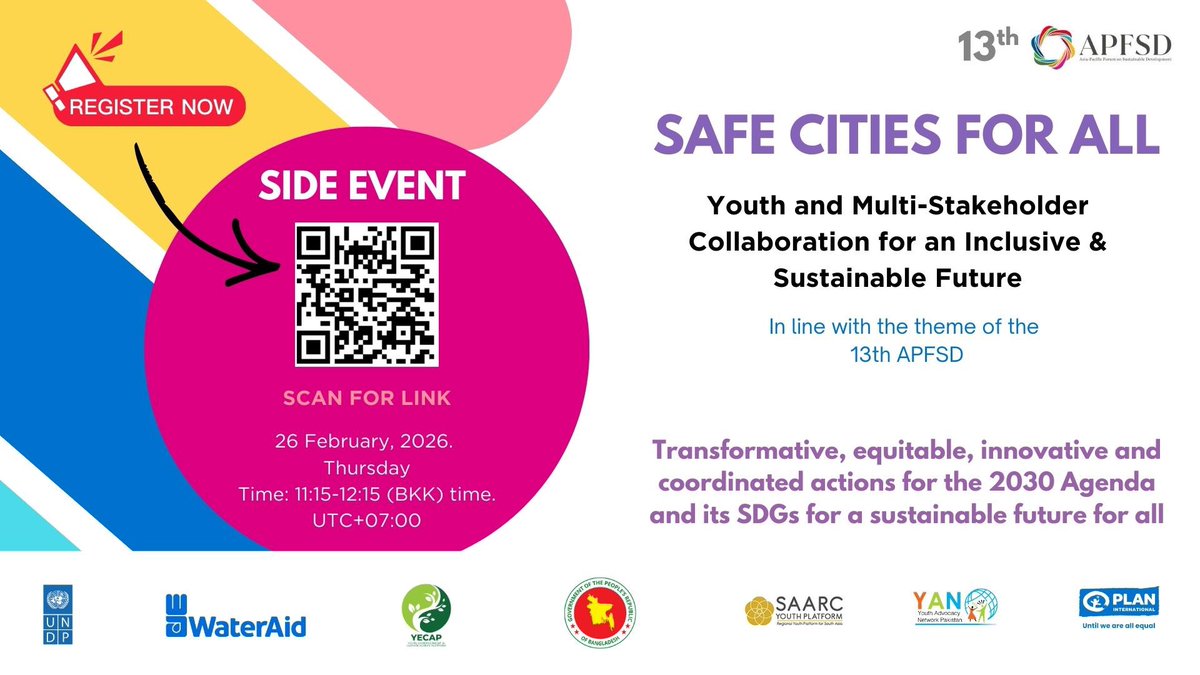 We will be co-organizing 13th APFSD Side Event: 'Safe Cities For All'! Driving transformative actions for 2030 Agenda &amp; SDGs. Join youth &amp; stakeholders for innovative solutions. Register now: bit.ly/safecitiesfora… 📅 26 Feb 2026, 11:15–12:15 BKK Time #YAN4SDGs #APFSD13